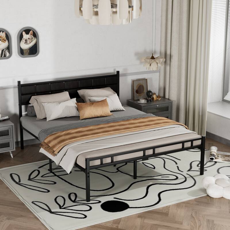 Javlergo Metal Bed Frame with PU Upholstered Headboard, No Box Spring Needed