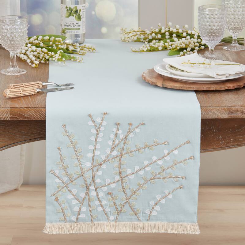 Embroidered Botanical Table Runner - Lined Decorative Table Runner with Fringe for Dining & Console Tables, 16"x72"