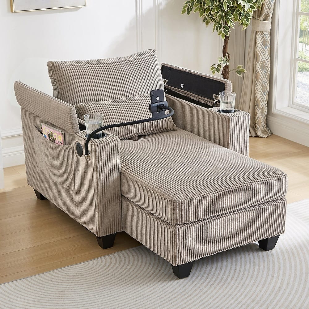 Roomfitters Convertible Corduroy Sofa Chair Bed with USB Ports, Cup Holders, Phone Slot and Storage for Living Room