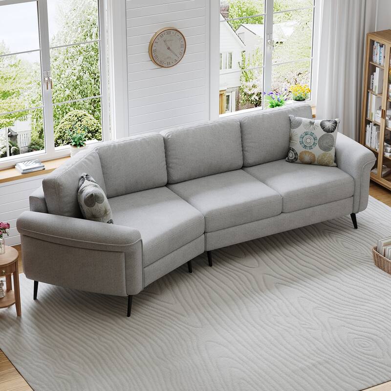 111" Chenille Curved 3-Seater Sofa with Removable Patterned Pillows