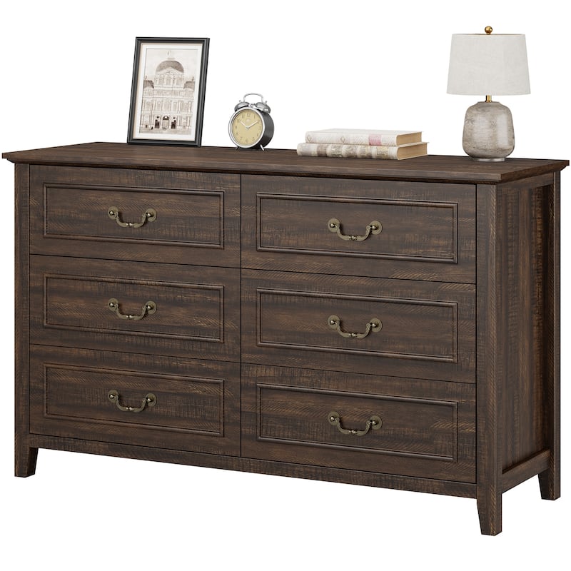 Farmhouse 6 Drawer Dresser for Bedroom, Vintage Dresser with Antique Handles - Brown