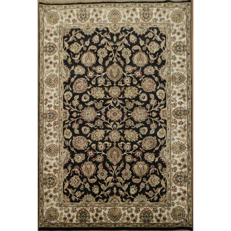 Hand Knotted Oriental 100% Wool Carpet Traditional All-Over Black Agra Area Rug - 9' 2'' X 6' 2''