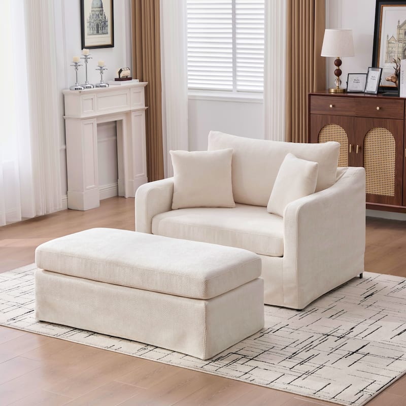 Set of Modern Chenille Accent Chair and Storage Ottoman