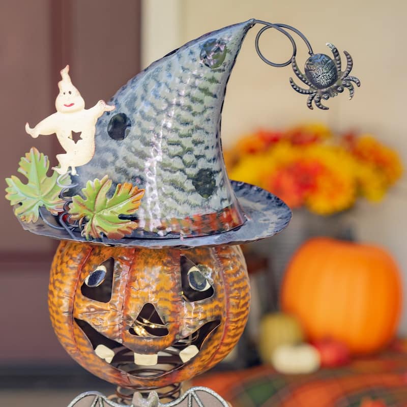 Metal Pumpkin Witch with Jack-O-Lantern Candy Holder Decoration