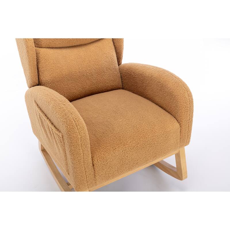 Glider Rocking Chair with Wing Back, Teddy Leisure Chair with Wood Legs, Upholstered Rocker Chair with Side Pocket