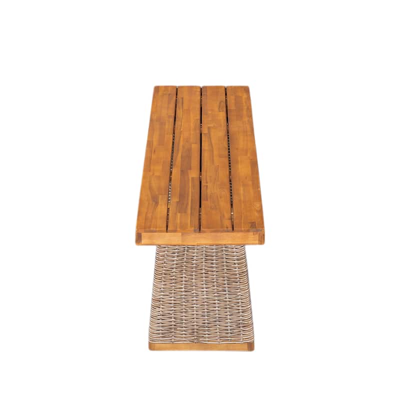 Christopher Knight Home - Rowan Outdoor Acacia Wood Dining Set with Handwoven Rattan Details and Slatted Tabletop