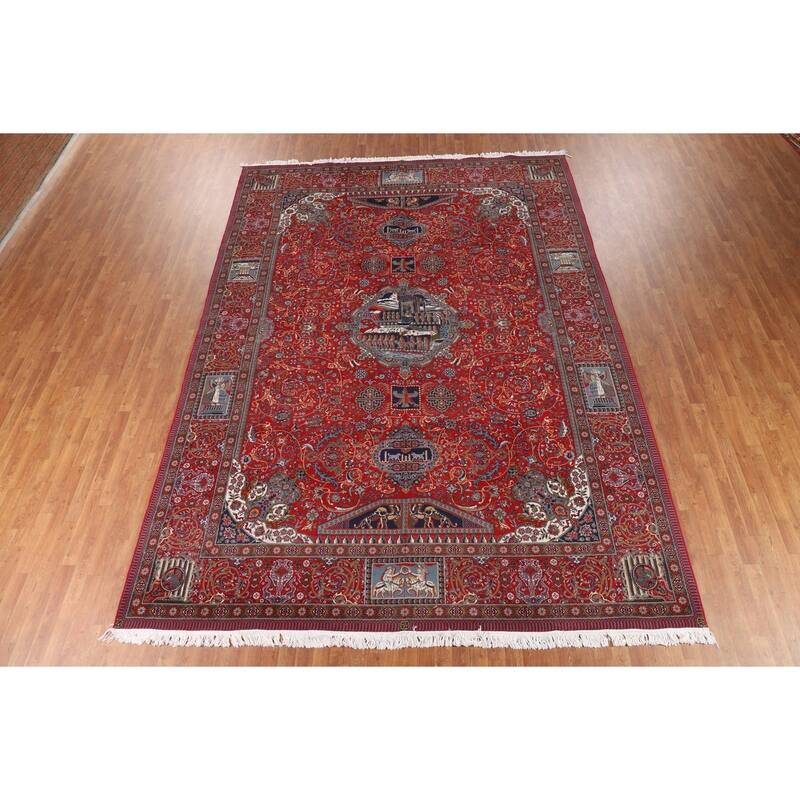 Red Pictorial Animals Kashan Turkish Area Rug Machine Made Carpet - 9'7" x 13'2"