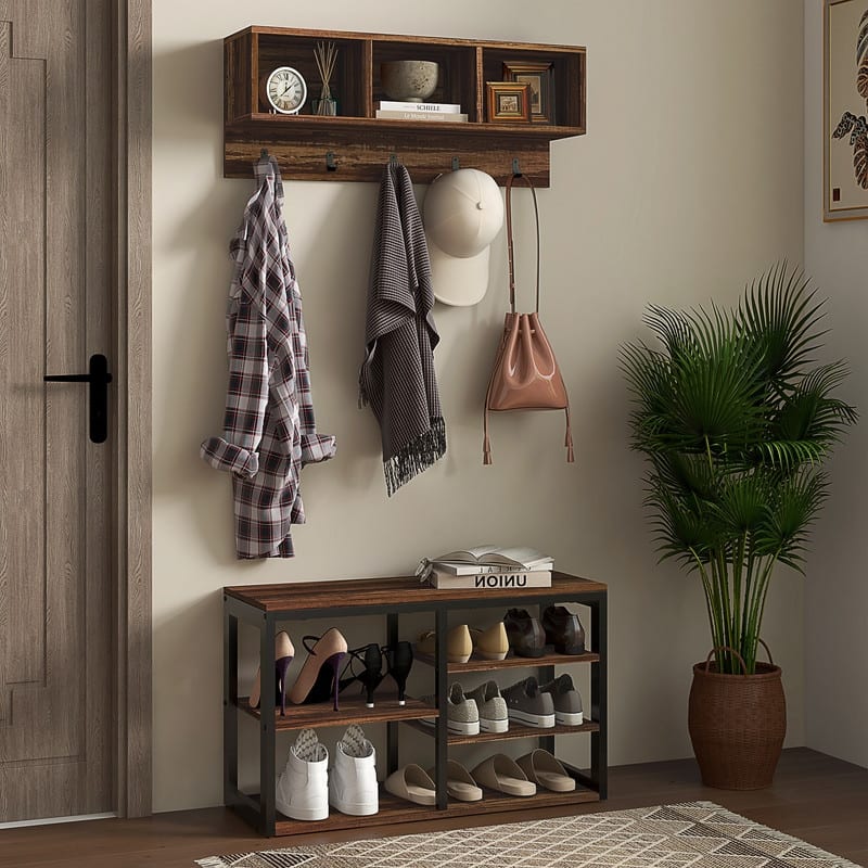 2-in-1 Hall Tree Shoe Bench Set with Coat Rack，5-Hook