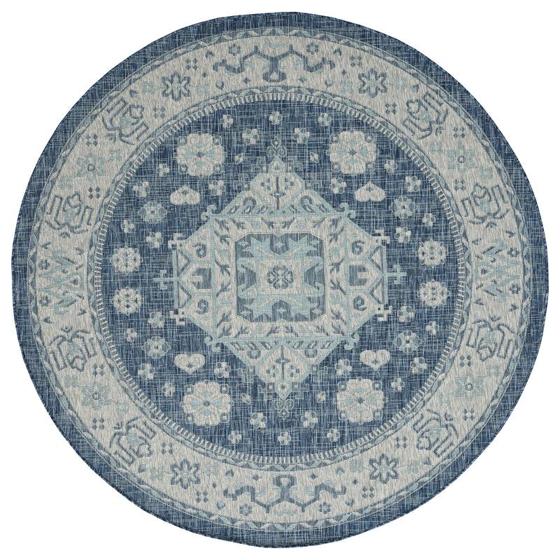 ARE02 Arelow Grey Machine Made Flatweave Indoor - Outdoor Area Rug - 7'10" x 7'10" - Grey/Navy/Teal