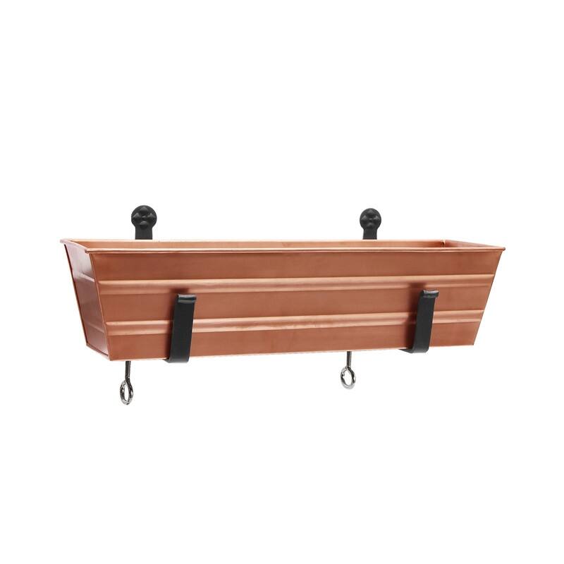 Achla Designs 22" W Rectangle Galvanized Steel Flower Box w/ Black Wrought Iron Clamp-On Brackets, Planter - Brown