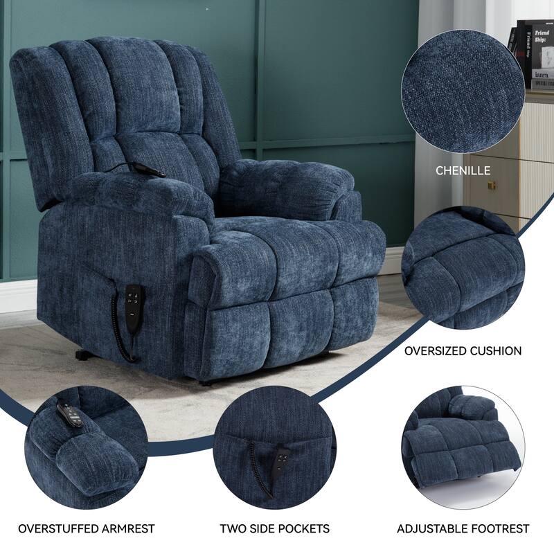 Blue Dual Motor Power Lift Recliner with Heat, Massage, Infinite Recline, and 350 lb Capacity for Elderly