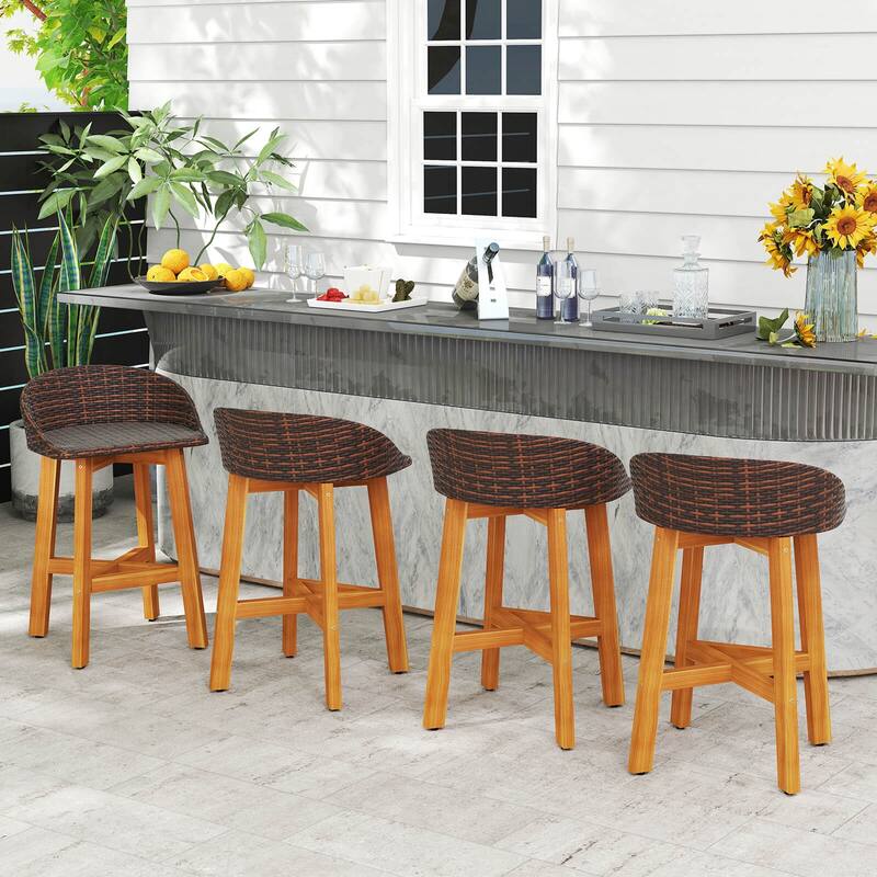 Costway Outdoor Faux Rattan Bar Chairs Set of 2/4 Solid Acacia Wood - See Details