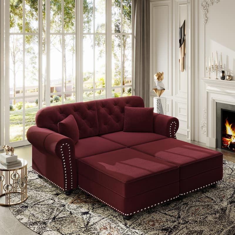 Mid Century Modern Couch, Velvet Chesterfield Sofa Button Tufted Oversized Loveseat Sofa with Nailhead Trim & Roll Armrests - Burgundy - 2 Seat+2 Ottoman