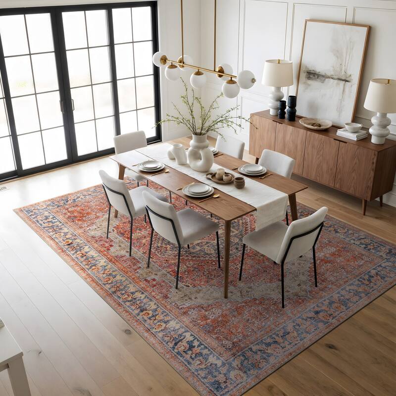 Beige Medallion Flat Pile Washable Rug - Pet Friendly, Non-Slip for Entryway and Bedroom