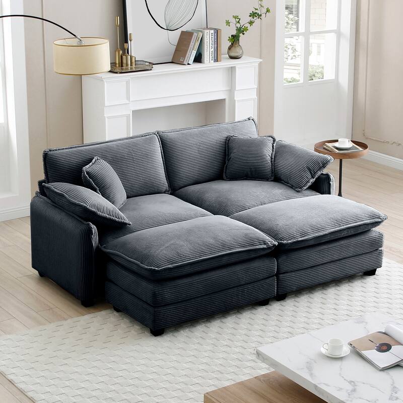 4-Piece Corduroy Modular Sleeper Sectional Sofa with 2 Ottomans & 4 Pillows - Grey