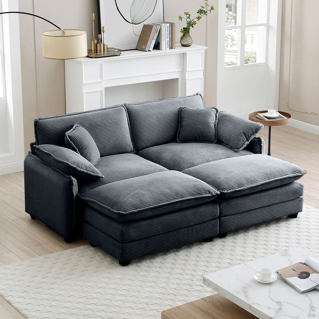 Grey 4-Piece Corduroy Modular Sleeper Sectional Sofa with 2 Ottomans & 4 Pillows