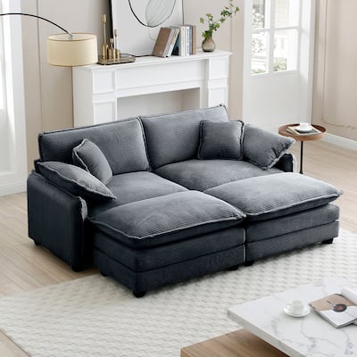 Grey 4-piece Corduroy Upholstered Modular Sleeper Sectional Sofa with 2 Removable Ottoman and 4 Pillows, Free Combination