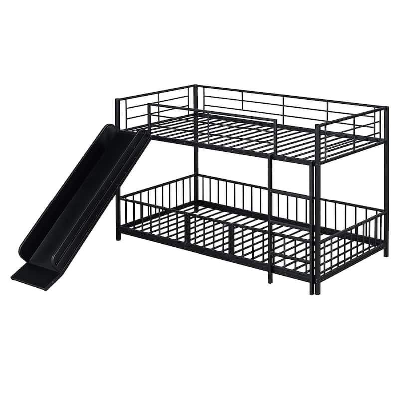 Twin over Twin Metal Bunk Bed with Slide, Guardrails, and Convertible Loft Design, Black