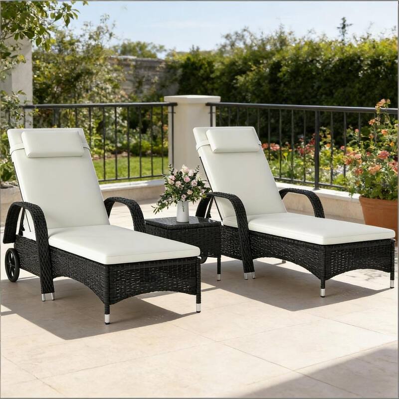 GDFStudio - Outdoor PE Rattan Chaise Lounge Set with Table and Reclining Seats