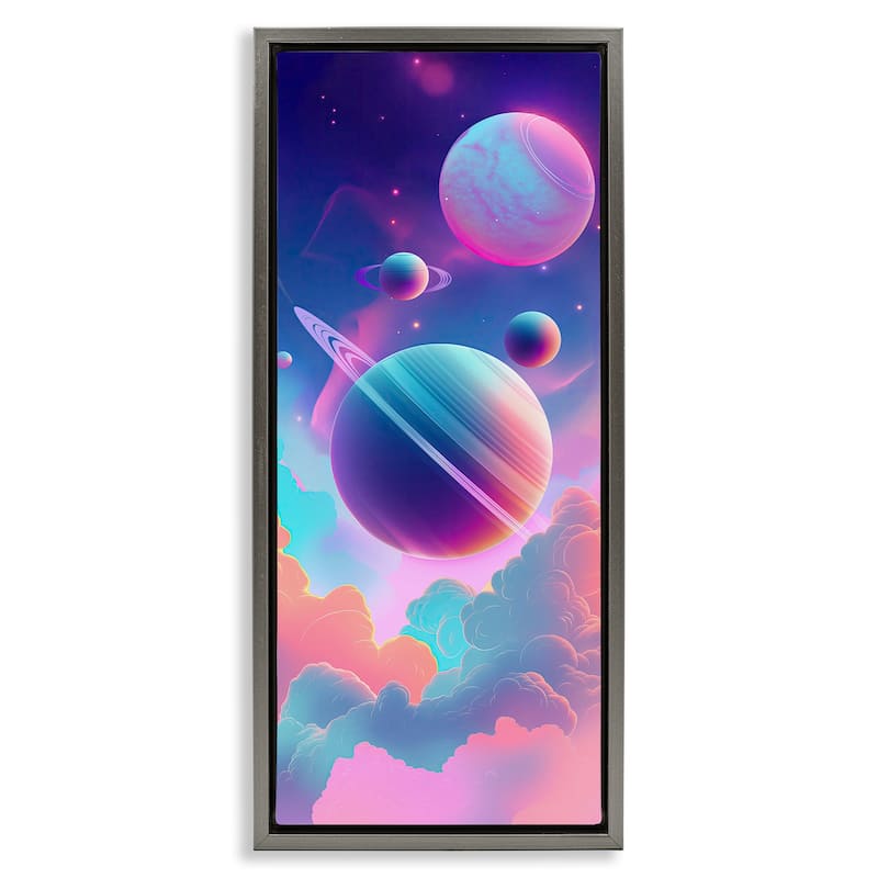 Stupell Pastel Clouds with Planets Framed Floater Canvas Wall Art Design By Wumples - 11 x 25 - Grey