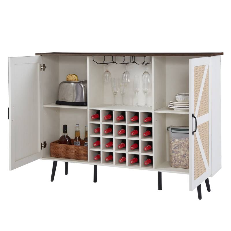 Faux Rattan Barn Door Wine Cabinet with Wine Rack and Wine Glass Rack, Double Door Design with Removable Shelves