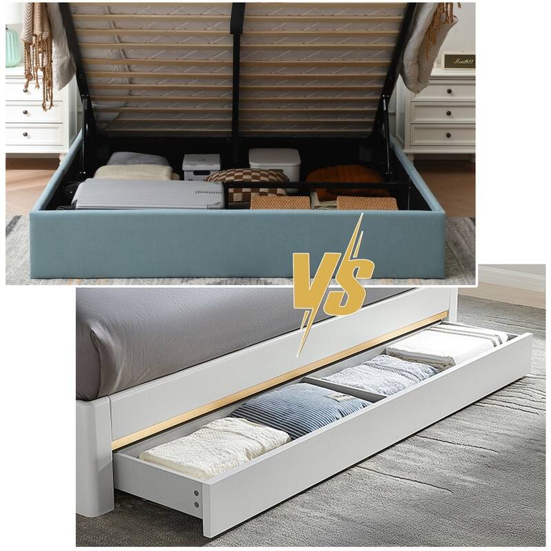 Plywood Frame Upholstered Platform Bed with Lift-up Storage Supported by Metal and Wooden Slats