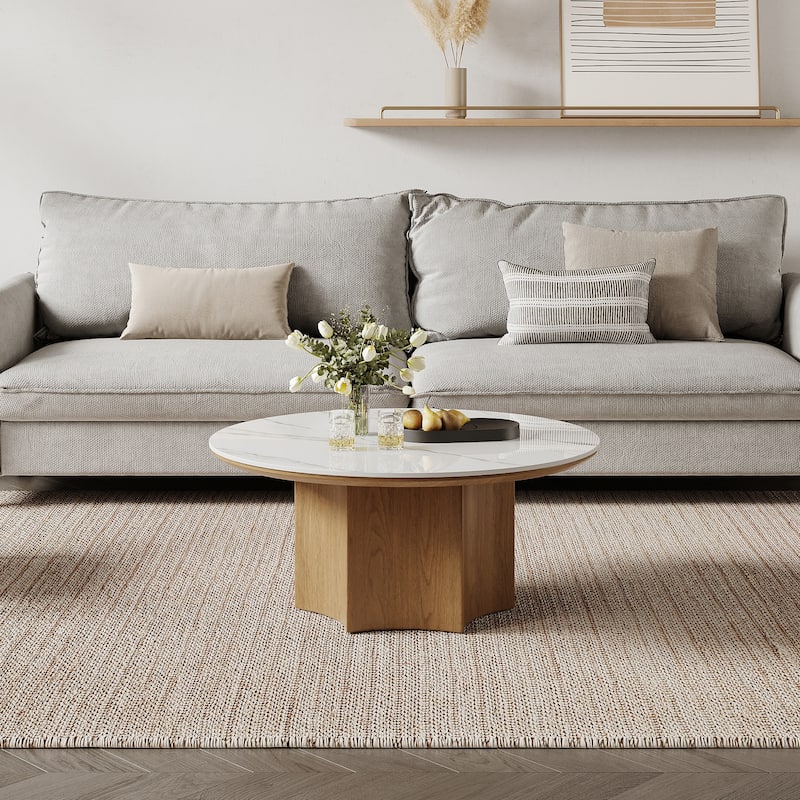 Mid-century Modern Coffee Table,35.43" With White Sintered Stone Table Top, Solid Wood Legs