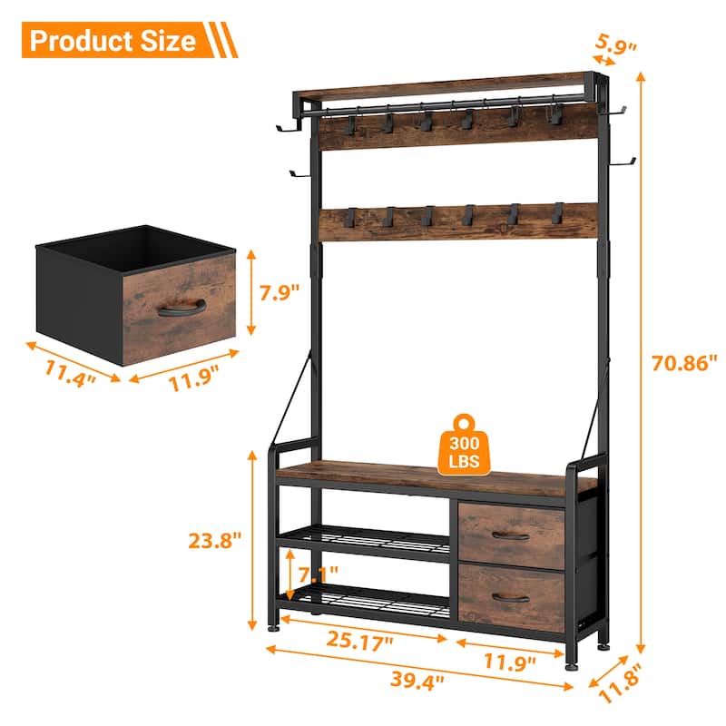 6-in-1 39.4"Hall Tree with Bench Entryway Shoe Rack w/24 Hooks & 2 Drawers