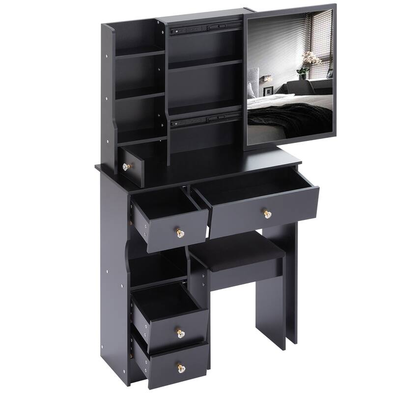 Vanity Desk with Sliding Mirror, Makeup Table with Drawer and Multi Layer Storage Rack, Vanity Set with Cushioned Stool