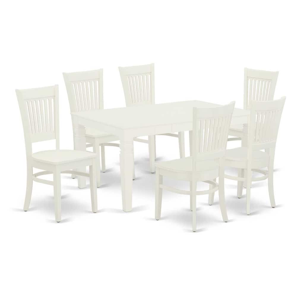HomeStock 7-Pc Rectangle Linen White Finish Solid Wood Top Dining Table with 6-Chairs with Butterfly Leaf Slat Back