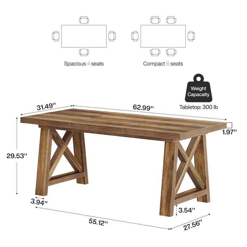 63 Inch Brown Dining Table for Kitchen / Dining Room / Living Room - 62.99" L x 31.5" W x 30.71" H