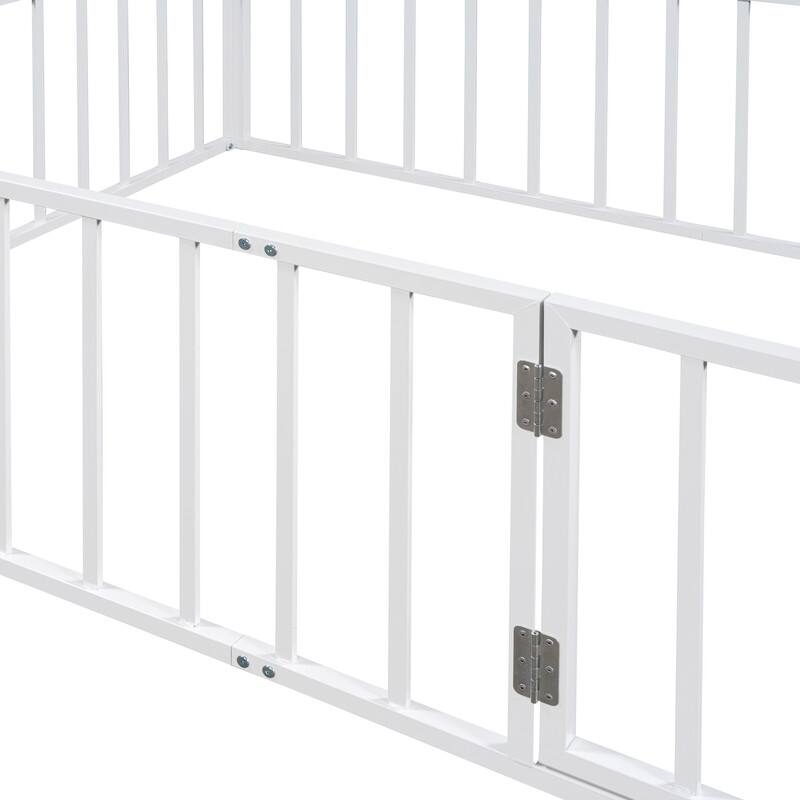 Twin/Full/Queen Size Floor Bed for Kids, Montessori Beds with Rails and Door, Metal Playhouse Bed Frame w/ Fence for Boys Girls
