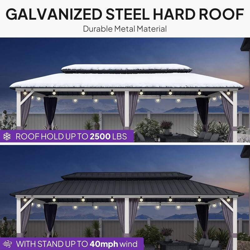 PURPLE LEAF Patio Hardtop Gazebo for Outdoor Grey Galvanized Steel Double Roof White Aluminum Poles