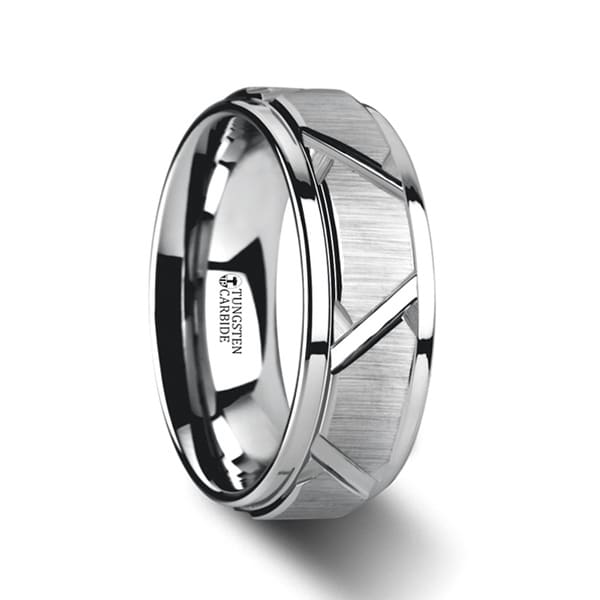 Vestige Tungsten Ring With Triangle Angle Grooves And Raised Center