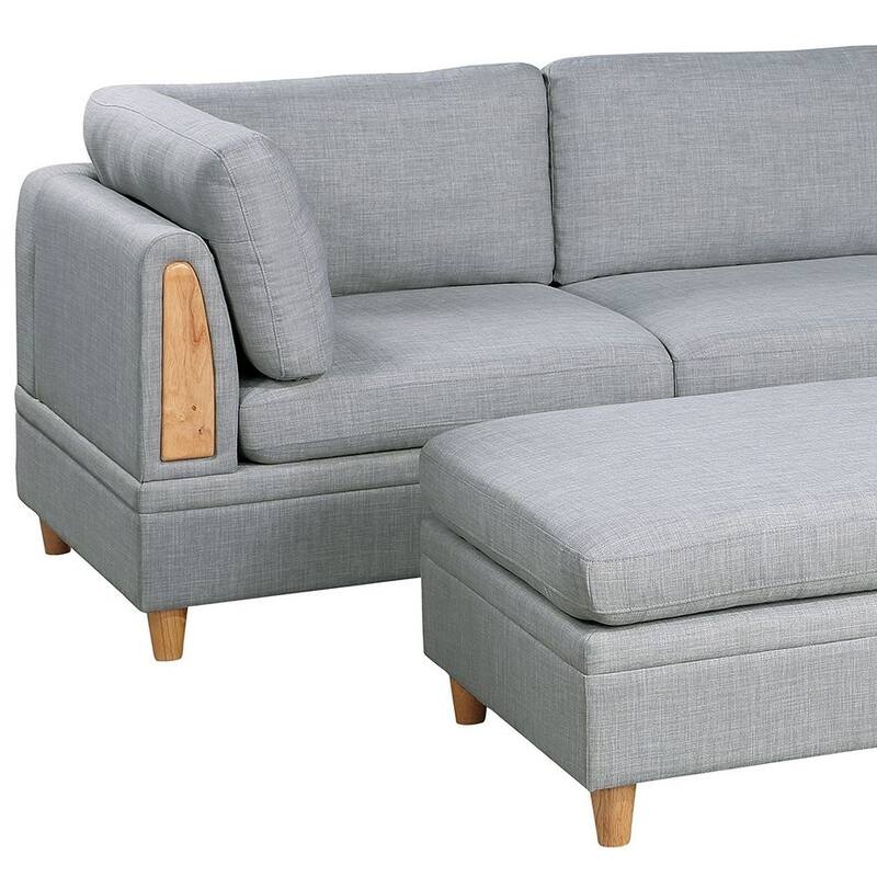 5pc Modular Sofa Set, Light Grey Fabric, 2 Corner Wedges, 1 Armless Chair, 2 Ottomans