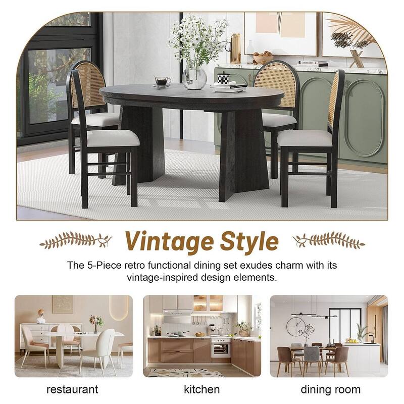 5 PCS Retro Functional Extendable Dining Set for 4 with 4 Upholstered Chairs with Rattan Backrests
