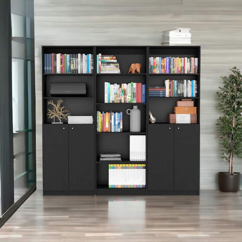 71" Black Five Tier Bookcase with Four Doors - Black