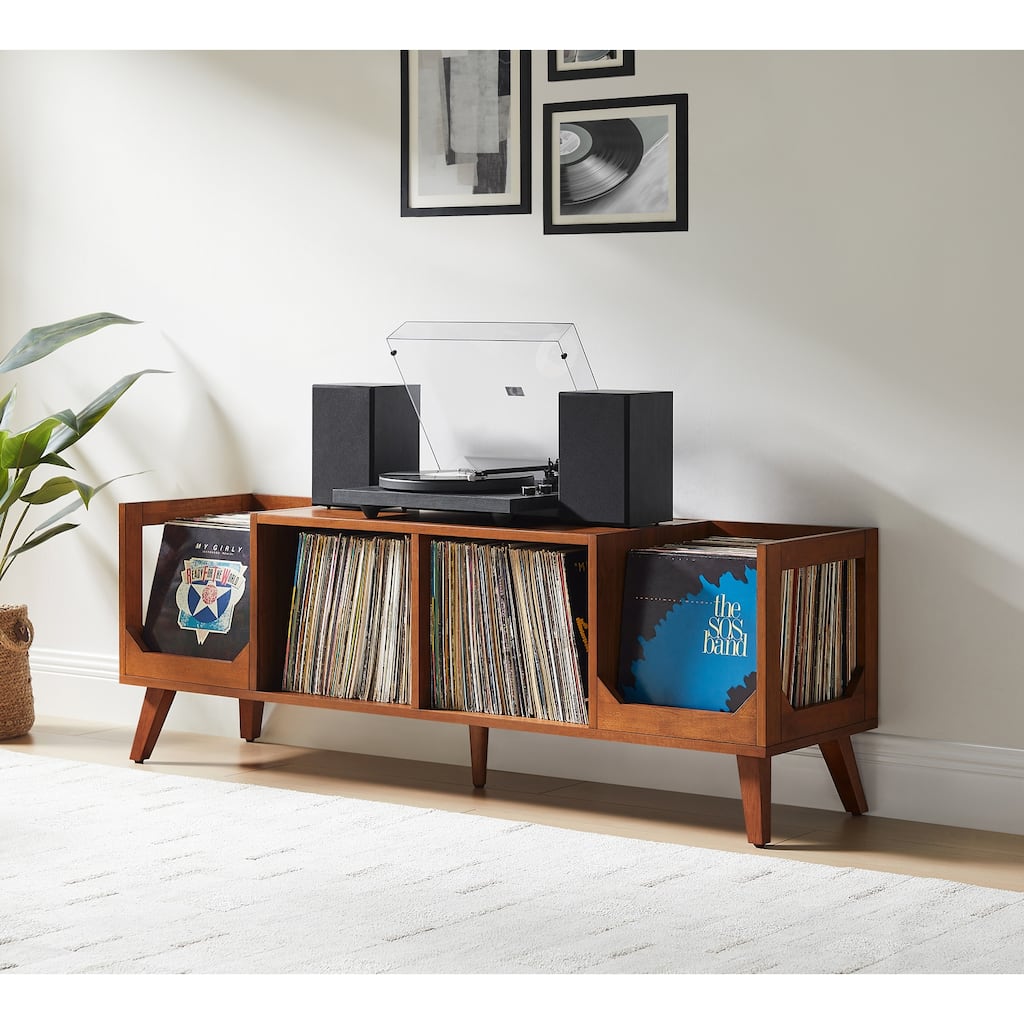 Low Record Storage Console with Open Shelving for Vinyl Albums and Media Display - Walnut - 16