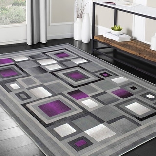 HR Purple and Gray Abstract Geometric Modern Squares Pattern Area Rug ...