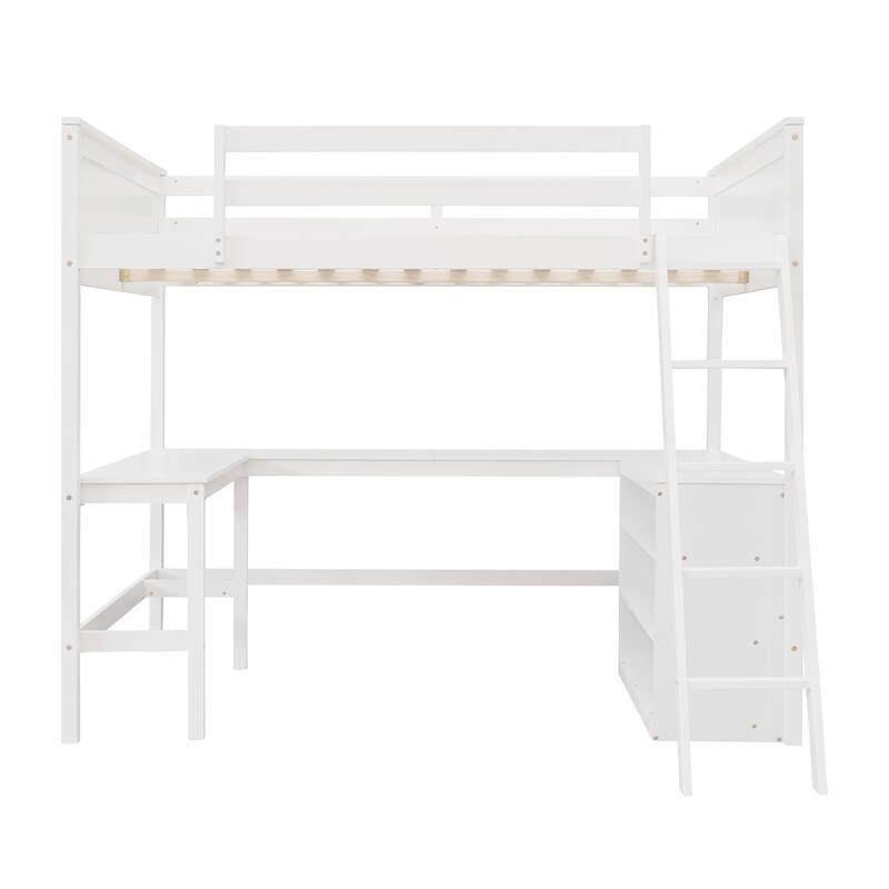 Full Size Wooden Loft Bed with Shelves and Desk in White