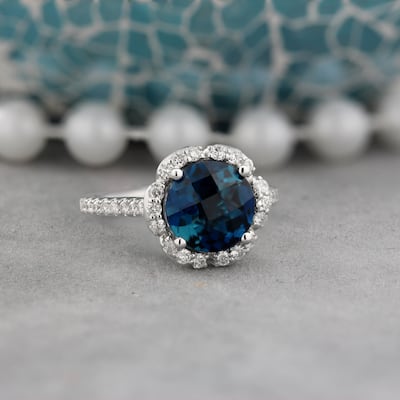 Auriya Vintage 3 1/10ct Fancy London Blue Topaz and Halo Diamond Engagement Ring 3/8ct Fancy 14k Gold