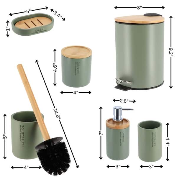 dimension image slide 8 of 9, Bathroom Accessories with Natural Accents, Modern 6-piece Set