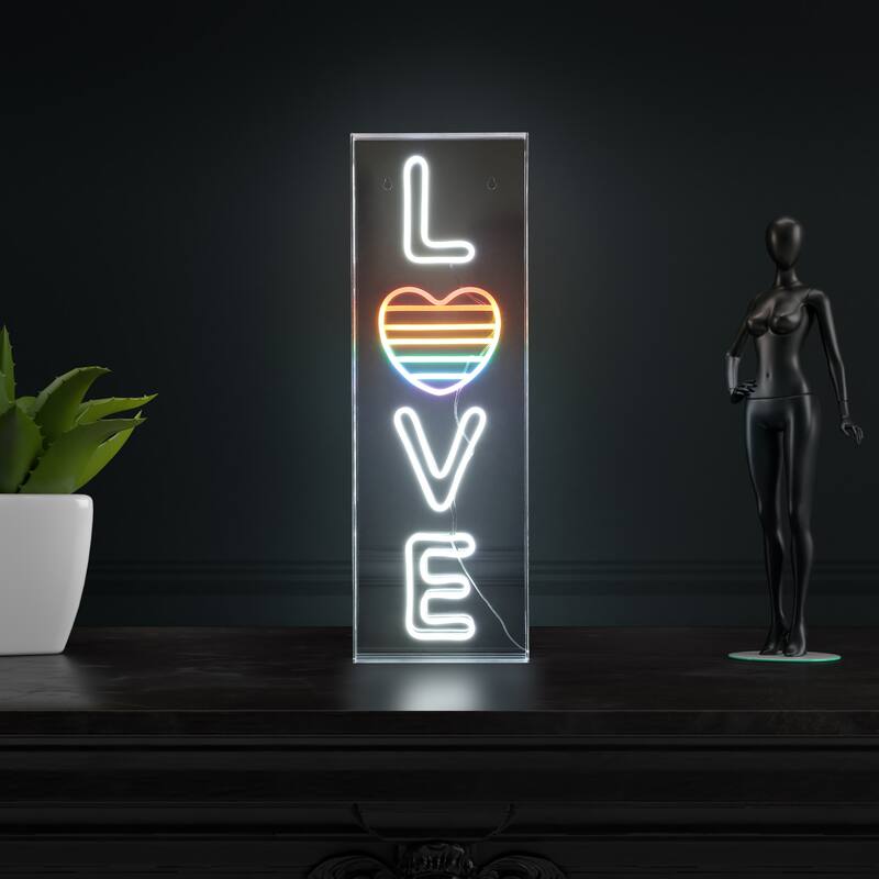 LOVE 8" X 24" Contemporary Glam Acrylic Box USB Operated LED Neon Light, White/Rainbow by JONATHAN Y - 8" X 24"