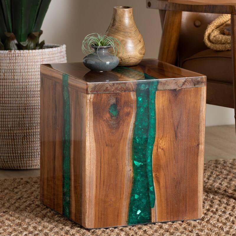 Anan Teak Wood Epoxy Resin End Table - Live Edge Cube Side Table, Handcrafted Modern Rustic Accent Table