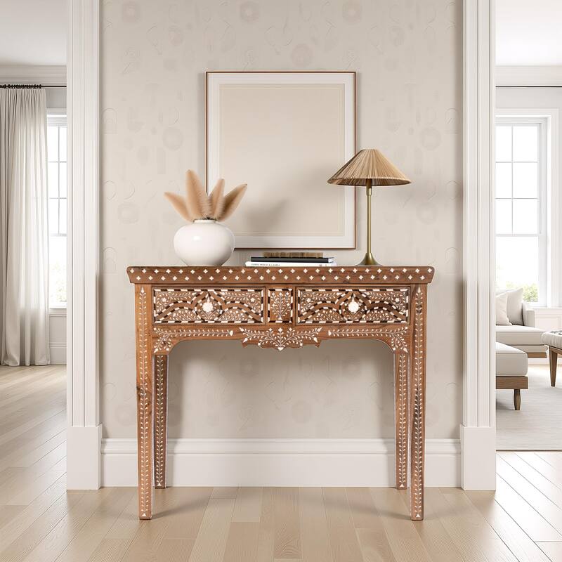 Rashmi 36 in. W Rectangular Teak & Bone 2 Drawer Console Table - Wood & Bone Inlay