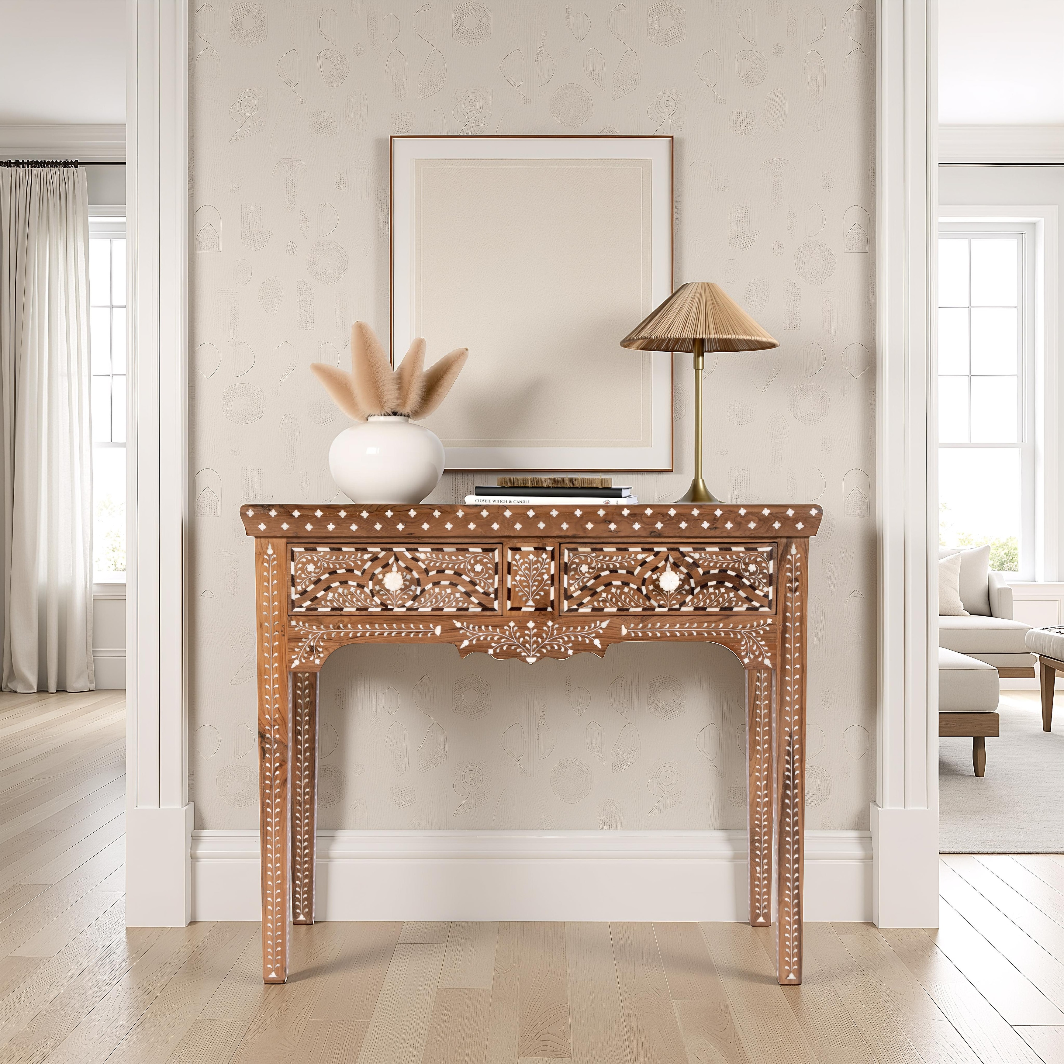 Rashmi 36 in. W Rectangular Teak & Bone 2 Drawer Console Table
