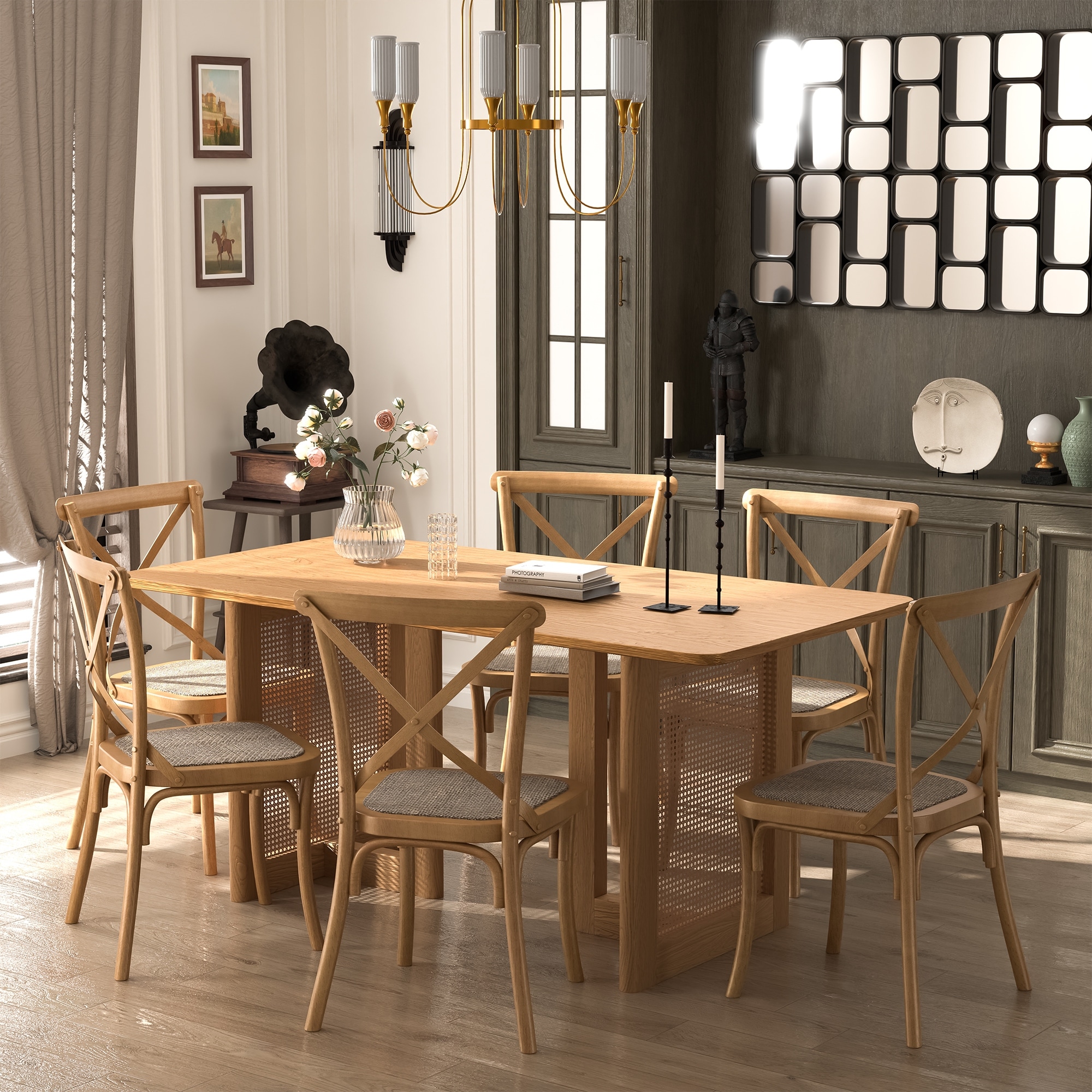 Farmhouse Kitchen Dining Room Table Furniture Square Kitchen Table with Rattan Woven Legs for Kitchen Bar Living Room