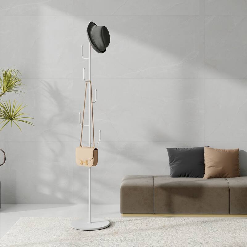 Maypex 64.5 in.Freestanding Metal Coat Rack with Round Quartz Stone Base - White