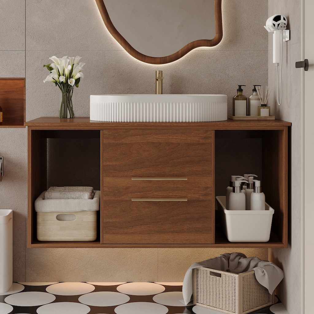 Floating Bathroom Vanity Wall-Mounted Cabinet with Oval Ceramic Sink, Soft-Close Storage Drawers, Open Shelf and Drain Pipe