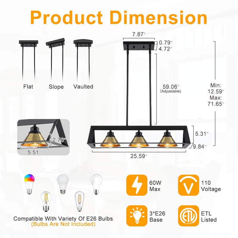 3-Light Industrial Linear Kitchen Island Pendant Light Cone Shades - Dia.25.59-in
